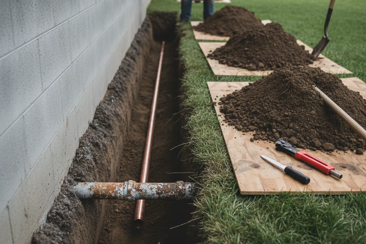 Excavated water line trench during Water Heater Repair in Wilmot